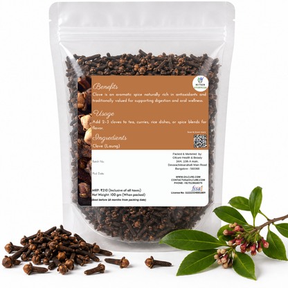 Premium Clove (Laung) in a transparent stand-up pouch with whole aromatic dried cloves for cooking, seasoning, tea, and traditional recipes.