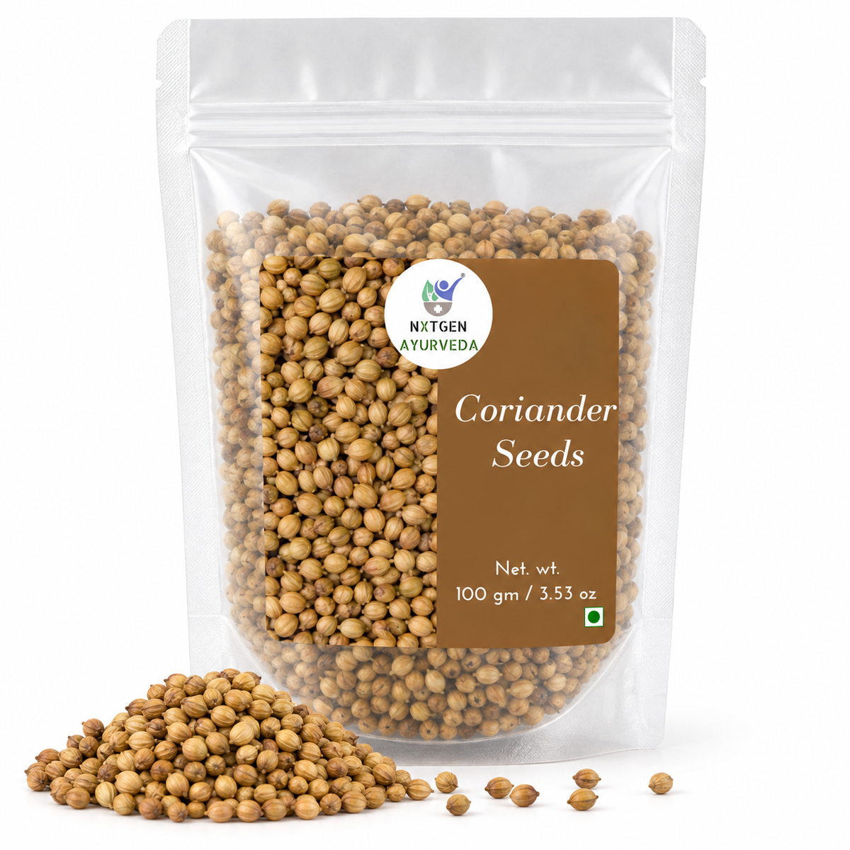 Premium Coriander Seeds in a transparent stand-up pouch with natural whole coriander seeds for cooking, seasoning, and authentic Indian recipes.