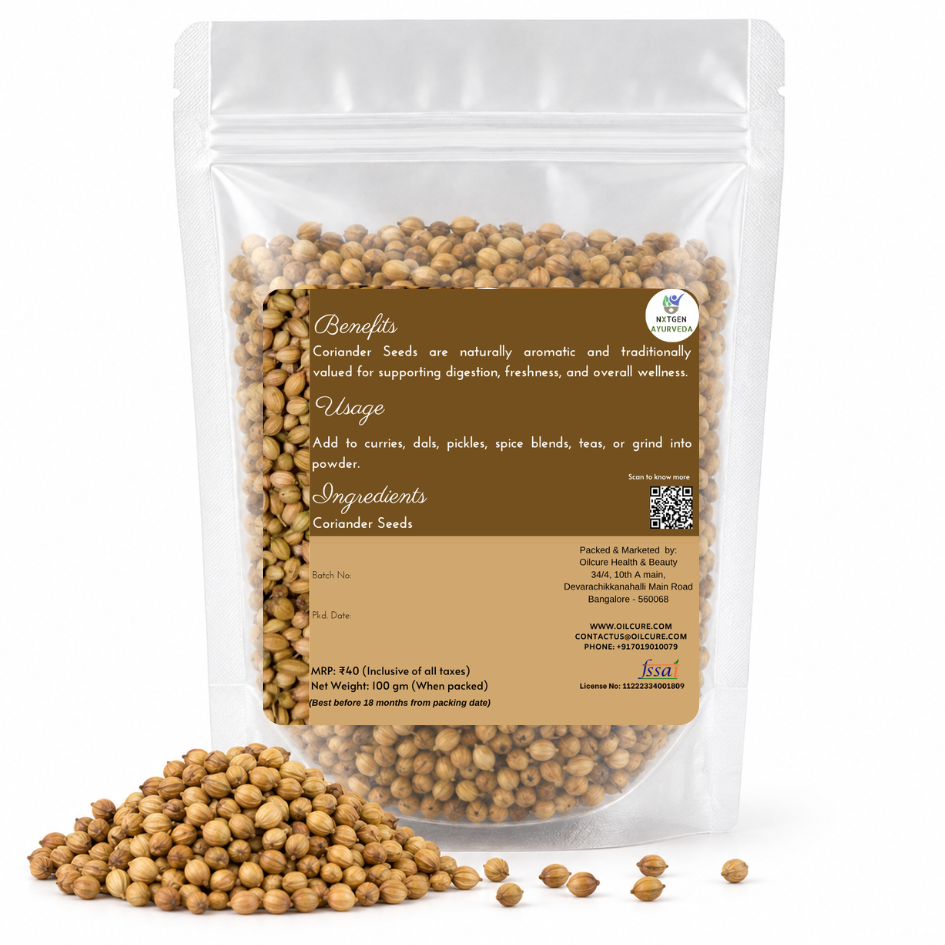 Premium Coriander Seeds in a transparent stand-up pouch with natural whole coriander seeds for cooking, seasoning, and authentic Indian recipes.