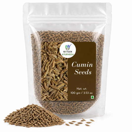 Premium Cumin Seeds 100 gms in a transparent stand-up pouch with natural whole cumin seeds for cooking, seasoning, and authentic Indian recipes.