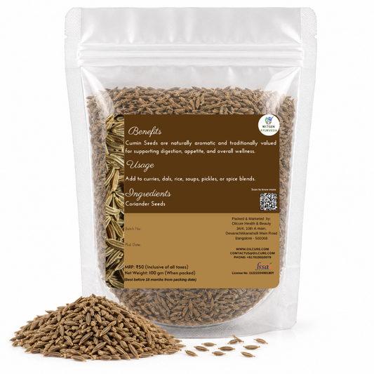 Premium Cumin Seeds 100 gms in a transparent stand-up pouch with natural whole cumin seeds for cooking, seasoning, and authentic Indian recipes.