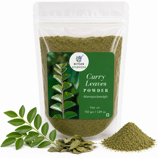 Premium Curry Leaves Powder in a transparent stand-up pouch with finely ground dried curry leaves for cooking, seasoning, and traditional herbal use.