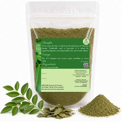 Premium Curry Leaves Powder in a transparent stand-up pouch with finely ground dried curry leaves for cooking, seasoning, and traditional herbal use.