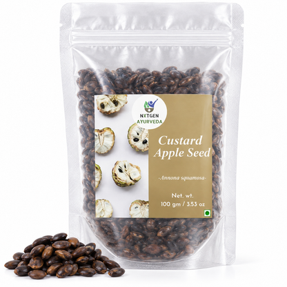 Premium Custard Apple Seeds (Sitafal) in a transparent stand-up pouch with natural whole seeds for traditional herbal and household use.