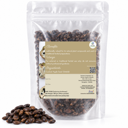 Premium Custard Apple Seeds (Sitafal) in a transparent stand-up pouch with natural whole seeds for traditional herbal and household use.