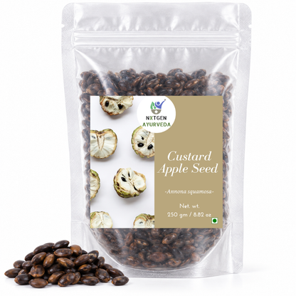 Premium Custard Apple Seeds (Sitafal) in a transparent stand-up pouch with natural whole seeds for traditional herbal and household use.