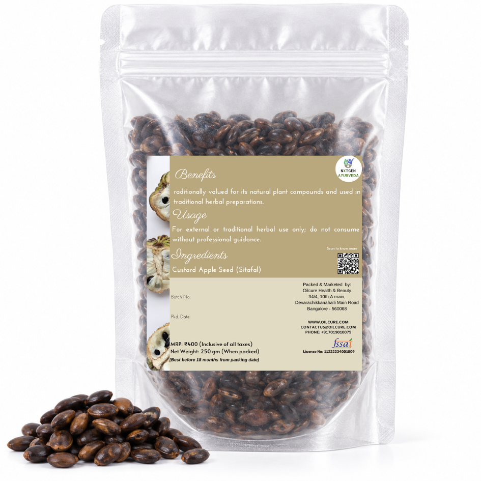 Premium Custard Apple Seeds (Sitafal) in a transparent stand-up pouch with natural whole seeds for traditional herbal and household use.