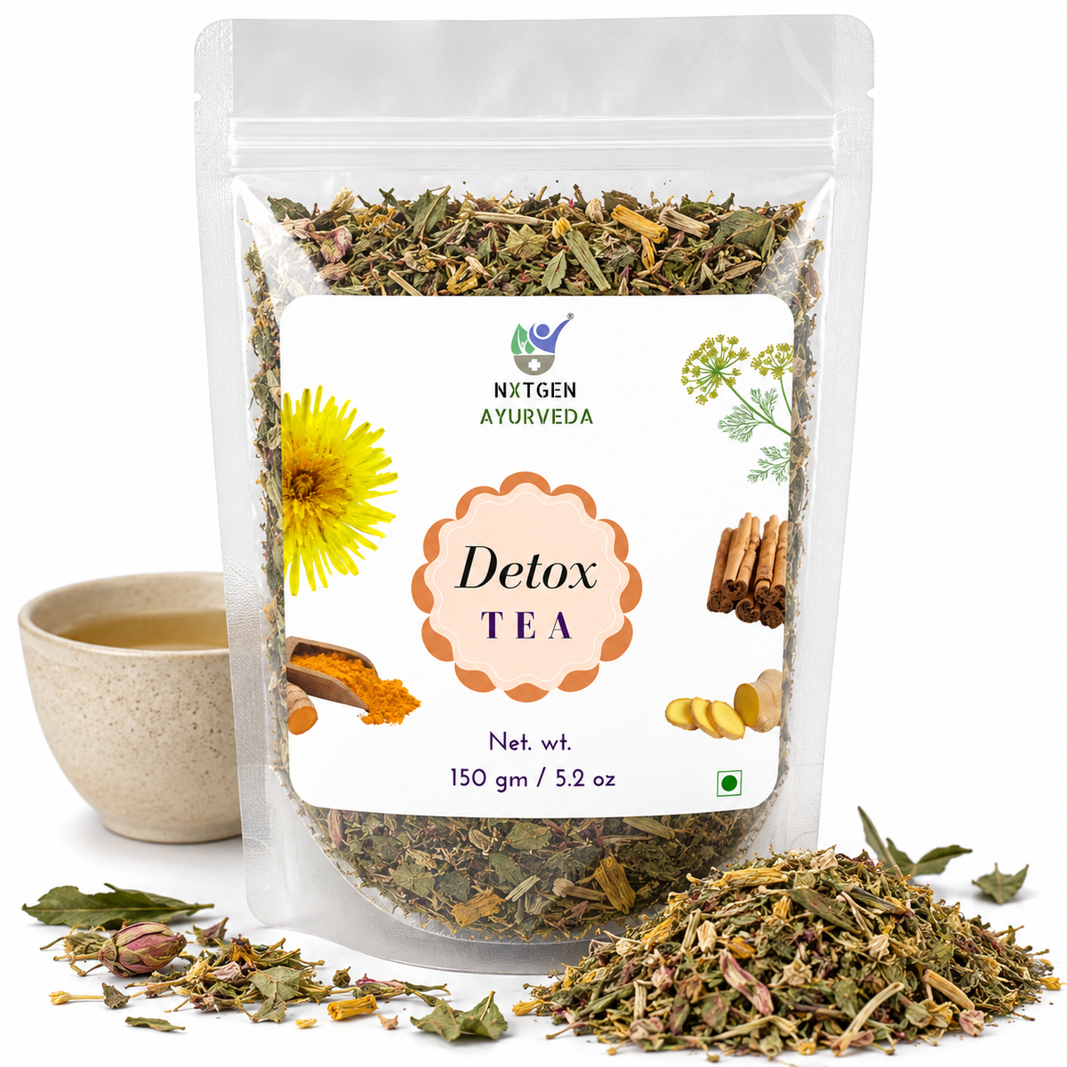 Premium Detox Tea in a transparent stand-up pouch with a blend of dried herbs for a refreshing herbal tea and infusion.