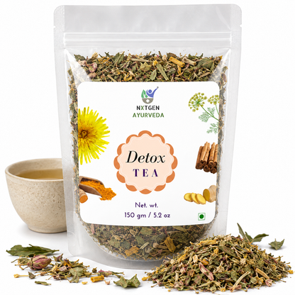 Premium Detox Tea in a transparent stand-up pouch with a blend of dried herbs for a refreshing herbal tea and infusion.