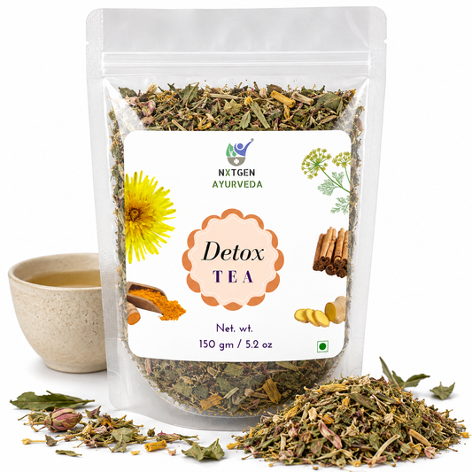 Premium Detox Tea in a transparent stand-up pouch with a blend of dried herbs for a refreshing herbal tea and infusion.