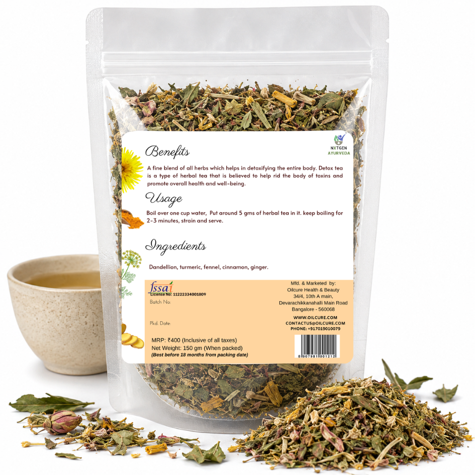 Premium Detox Tea in a transparent stand-up pouch with a blend of dried herbs for a refreshing herbal tea and infusion.