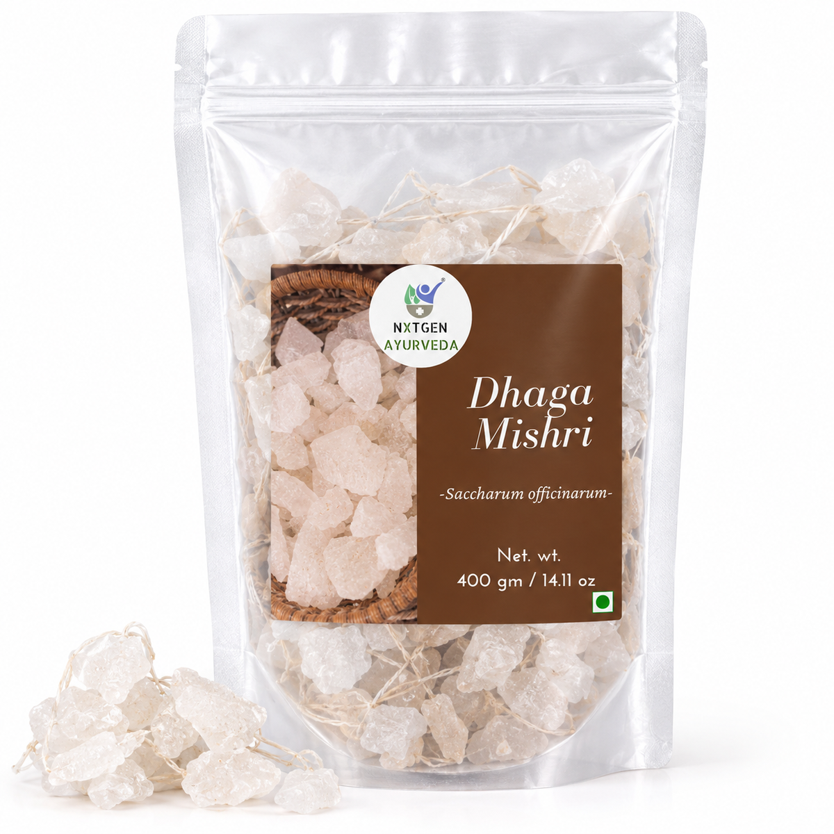 Premium Dhaga Mishri (Rock Sugar) in a transparent stand-up pouch with natural crystal-like sugar strands for traditional culinary and sweetening use.