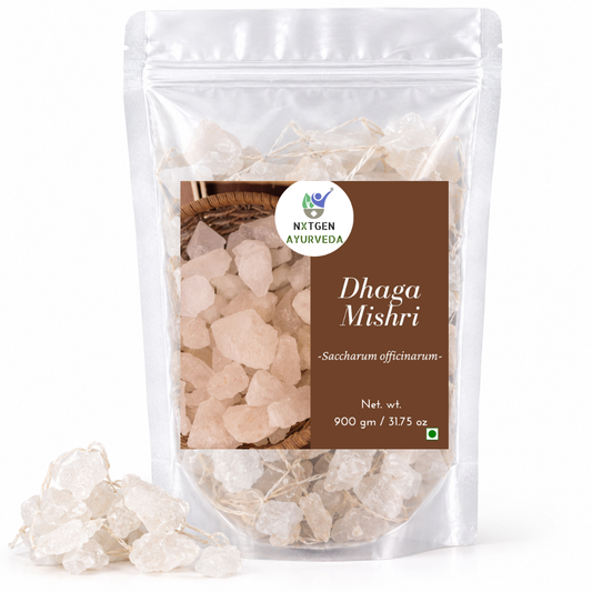 Premium Dhaga Mishri (Rock Sugar) in a transparent stand-up pouch with natural crystal-like sugar strands for traditional culinary and sweetening use.