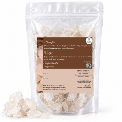 Premium Dhaga Mishri (Rock Sugar) in a transparent stand-up pouch with natural crystal-like sugar strands for traditional culinary and sweetening use.