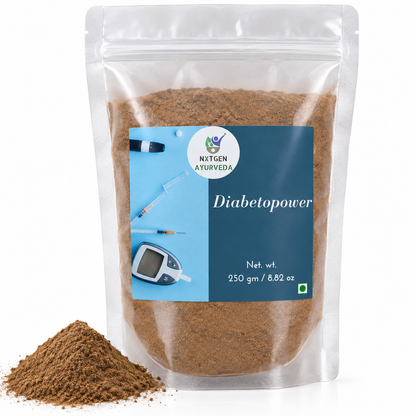 Premium Diabetopower herbal blend in a transparent stand-up pouch with a finely ground herbal powder for traditional Ayurvedic wellness use.