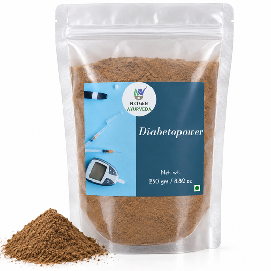 Premium Diabetopower herbal blend in a transparent stand-up pouch with a finely ground herbal powder for traditional Ayurvedic wellness use.