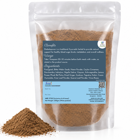Premium Diabetopower herbal blend in a transparent stand-up pouch with a finely ground herbal powder for traditional Ayurvedic wellness use.