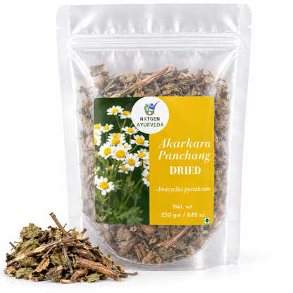 Premium Dried Akarkara Panchang in a transparent stand-up pouch with naturally dried plant parts for traditional Ayurvedic and herbal use.
