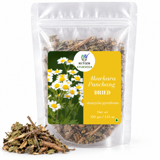 Premium Dried Akarkara Panchang in a transparent stand-up pouch with naturally dried plant parts for traditional Ayurvedic and herbal use.