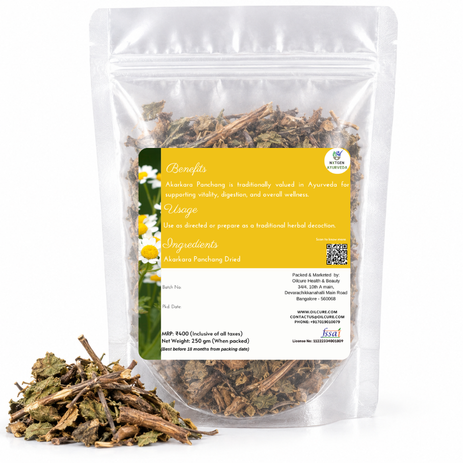 Premium Dried Akarkara Panchang in a transparent stand-up pouch with naturally dried plant parts for traditional Ayurvedic and herbal use.