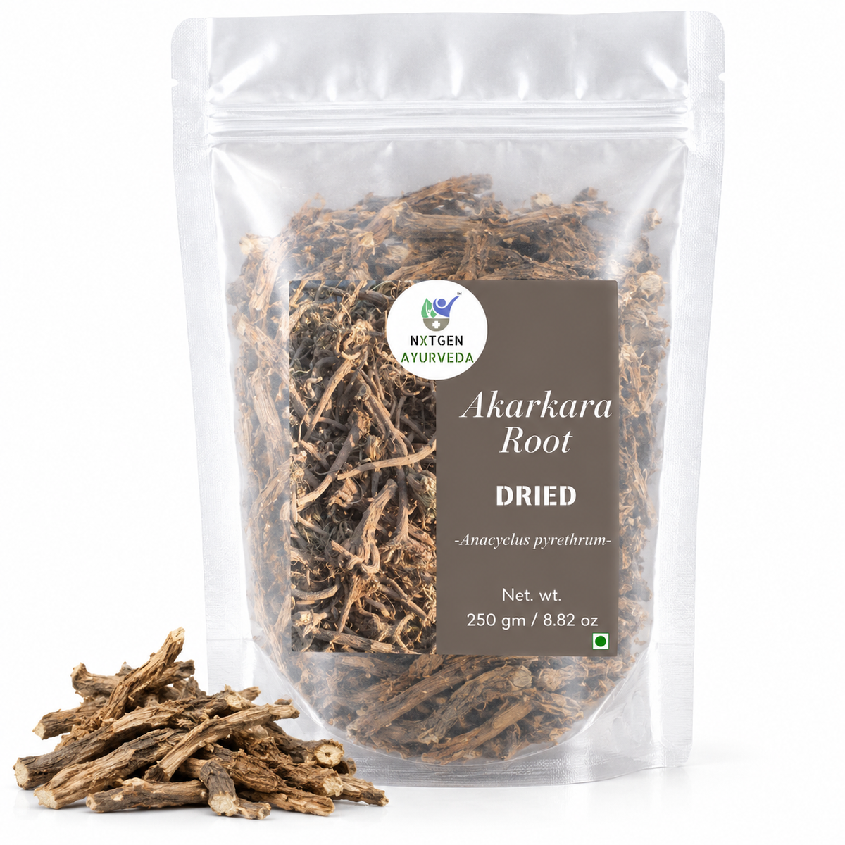 Premium Dried Akarkara Root in a transparent stand-up pouch with naturally dried roots for traditional Ayurvedic and herbal use.
