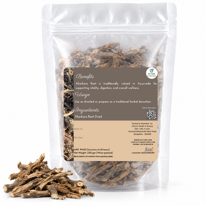 Premium Dried Akarkara Root in a transparent stand-up pouch with naturally dried roots for traditional Ayurvedic and herbal use.
