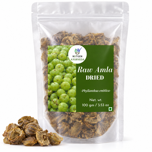 Premium Raw Dried Amla in a transparent stand-up pouch with naturally dried whole amla pieces for traditional Ayurvedic, herbal, and culinary use.