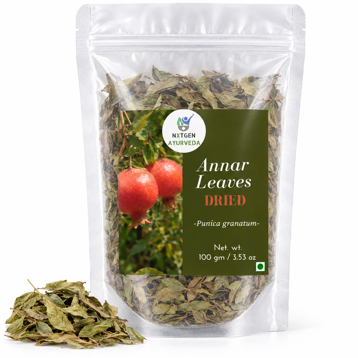 Premium Dried Annar (Pomegranate) Leaves in a transparent stand-up pouch with naturally dried leaves for traditional herbal and Ayurvedic use.