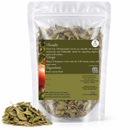 Premium Dried Annar (Pomegranate) Leaves in a transparent stand-up pouch with naturally dried leaves for traditional herbal and Ayurvedic use.