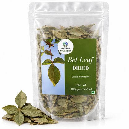 Premium Dried Bel Leaves in a transparent stand-up pouch with naturally dried Bael leaves for traditional Ayurvedic and herbal use.