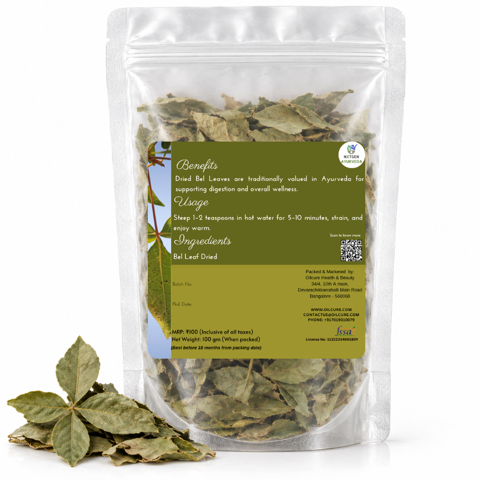 Premium Dried Bel Leaves in a transparent stand-up pouch with naturally dried Bael leaves for traditional Ayurvedic and herbal use.