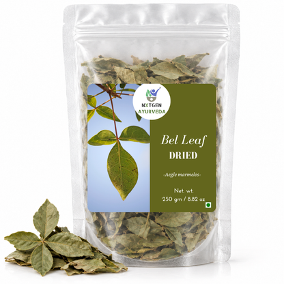 Premium Dried Bel Leaves in a transparent stand-up pouch with naturally dried Bael leaves for traditional Ayurvedic and herbal use.