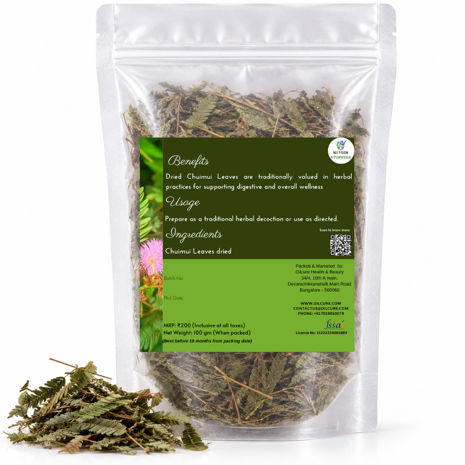 Premium Dried Chuimui (Mimosa Pudica) Leaves in a transparent stand-up pouch with naturally dried leaves for traditional Ayurvedic and herbal use.