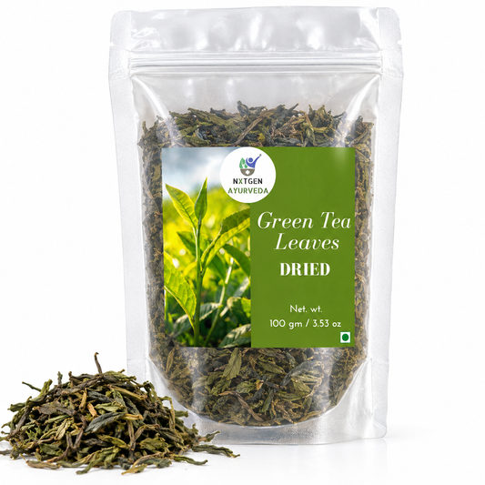 Premium Dried Green Tea Leaves in a transparent stand-up pouch with naturally dried green tea leaves for refreshing tea and herbal infusions.