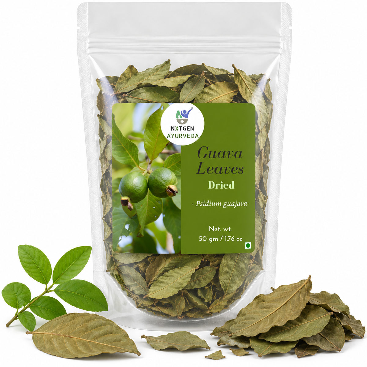 Premium Dried Guava Leaves in a transparent stand-up pouch with naturally dried guava leaves for herbal tea, infusion, and traditional use.