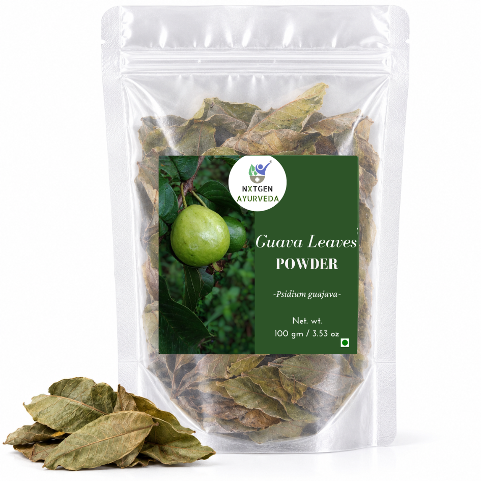 Premium Dried Guava Leaves in a transparent stand-up pouch with naturally dried guava leaves for traditional herbal and Ayurvedic use.