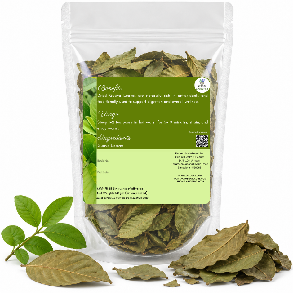 Premium Dried Guava Leaves in a transparent stand-up pouch with naturally dried guava leaves for herbal tea, infusion, and traditional use.