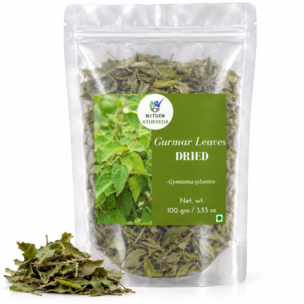 Premium Dried Gurmar Leaves in a transparent stand-up pouch with naturally dried leaves for traditional Ayurvedic and herbal use.