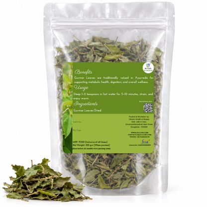Premium Dried Gurmar Leaves in a transparent stand-up pouch with naturally dried leaves for traditional Ayurvedic and herbal use.