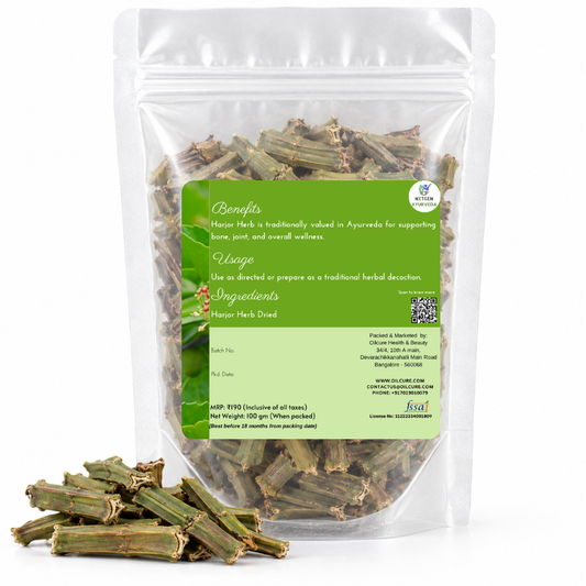 Premium Dried Harjor Herb 100 gms in a transparent stand-up pouch with naturally dried Harjor stems for traditional Ayurvedic and herbal use.