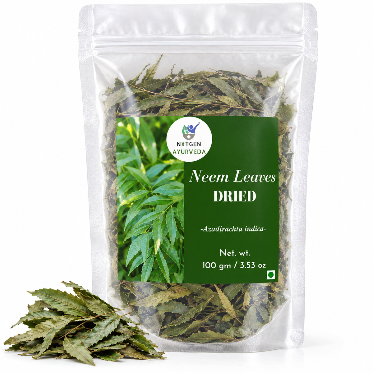 Premium Dried Neem Leaves in a transparent stand-up pouch with naturally dried neem leaves for traditional Ayurvedic, herbal, and skincare use.