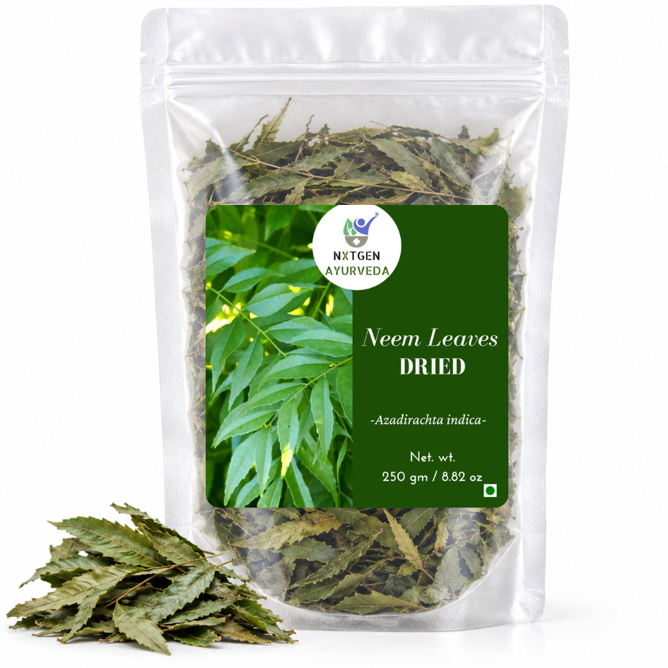 Premium Dried Neem Leaves in a transparent stand-up pouch with naturally dried neem leaves for traditional Ayurvedic, herbal, and skincare use.