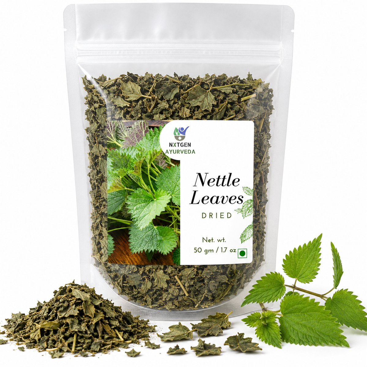 Premium Dried Nettle Leaves in a transparent stand-up pouch with naturally dried nettle leaves for herbal tea, infusions, and traditional use.