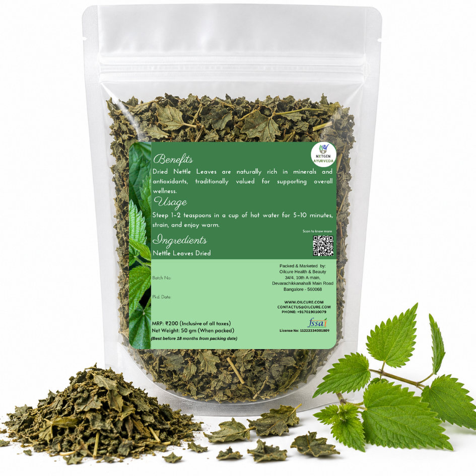 Premium Dried Nettle Leaves in a transparent stand-up pouch with naturally dried nettle leaves for herbal tea, infusions, and traditional use.