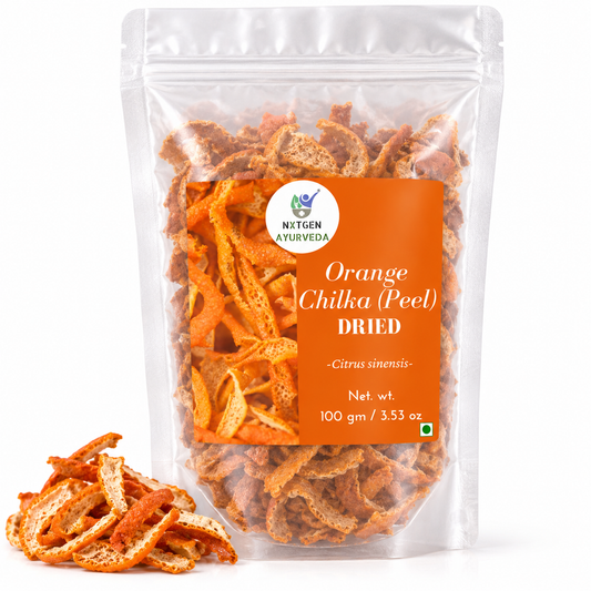 Premium Dried Orange Peel in a transparent stand-up pouch with naturally dried orange peel pieces for herbal infusions, tea, and culinary use.