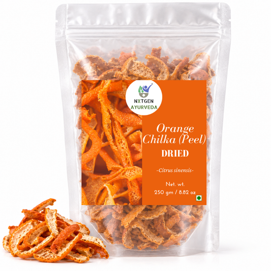 Premium Dried Orange Peel in a transparent stand-up pouch with naturally dried orange peel pieces for herbal infusions, tea, and culinary use.