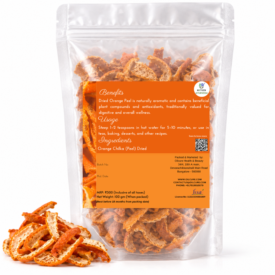 Premium Dried Orange Peel in a transparent stand-up pouch with naturally dried orange peel pieces for herbal infusions, tea, and culinary use.