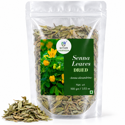 Premium Dried Senna Leaves in a transparent stand-up pouch with naturally dried senna leaves for traditional herbal use.