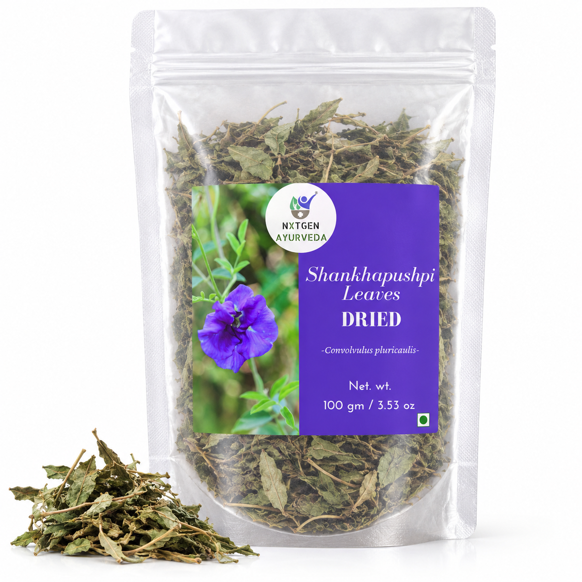 Premium Dried Shankhapushpi Leaves in a transparent stand-up pouch with naturally dried leaves for traditional Ayurvedic and herbal use.