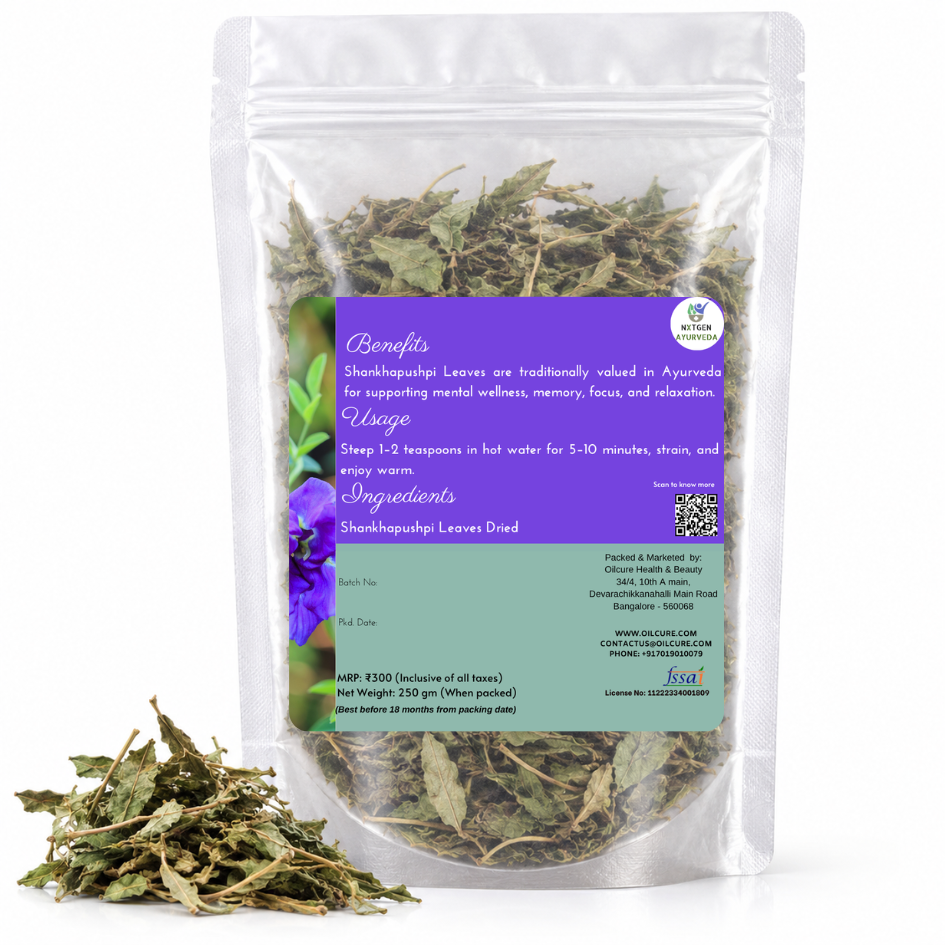Premium Dried Shankhapushpi Leaves in a transparent stand-up pouch with naturally dried leaves for traditional Ayurvedic and herbal use.